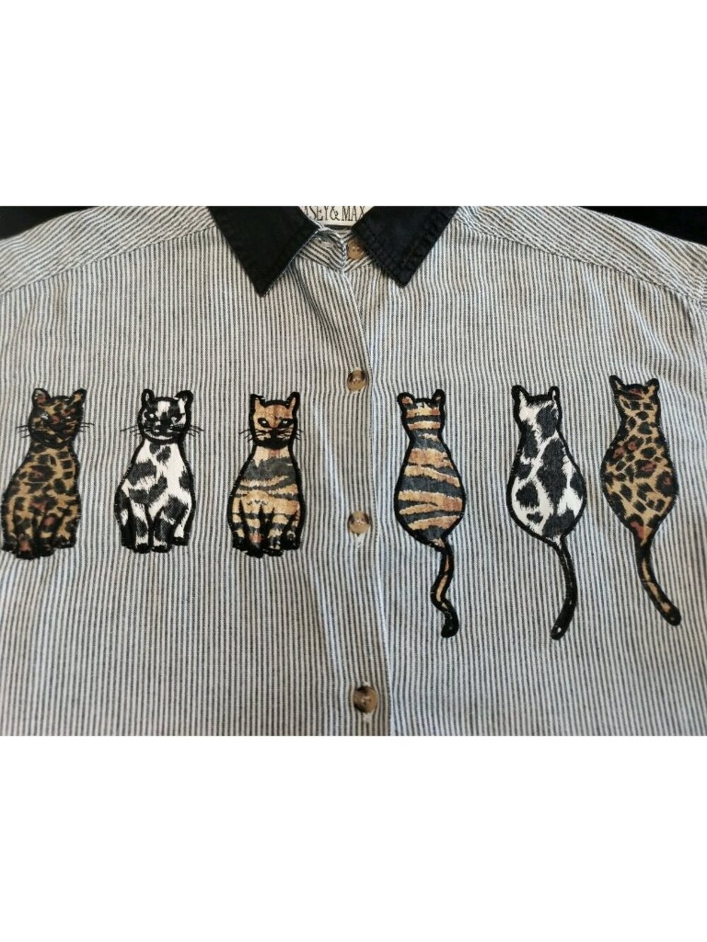Vintage Casey & Max Striped Embroidered Shirt 2 Pieces Cottagecore Cats/Hearts M - Picture 5 of 16